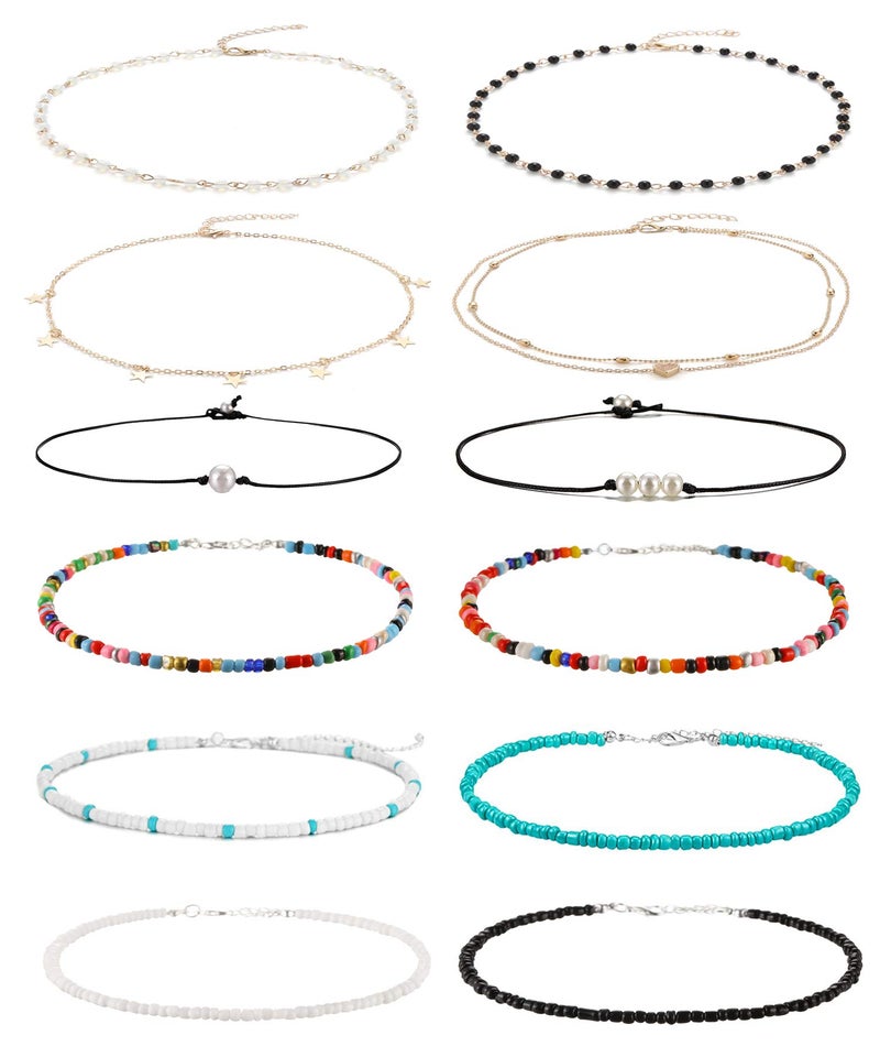 Wremily 4-12 Pieces Beaded Choker Necklaces for Women Boho Seed Bead Choker Set Hawaiian Handmade Turquoise Beach Beads Necklace Chain Jewelry