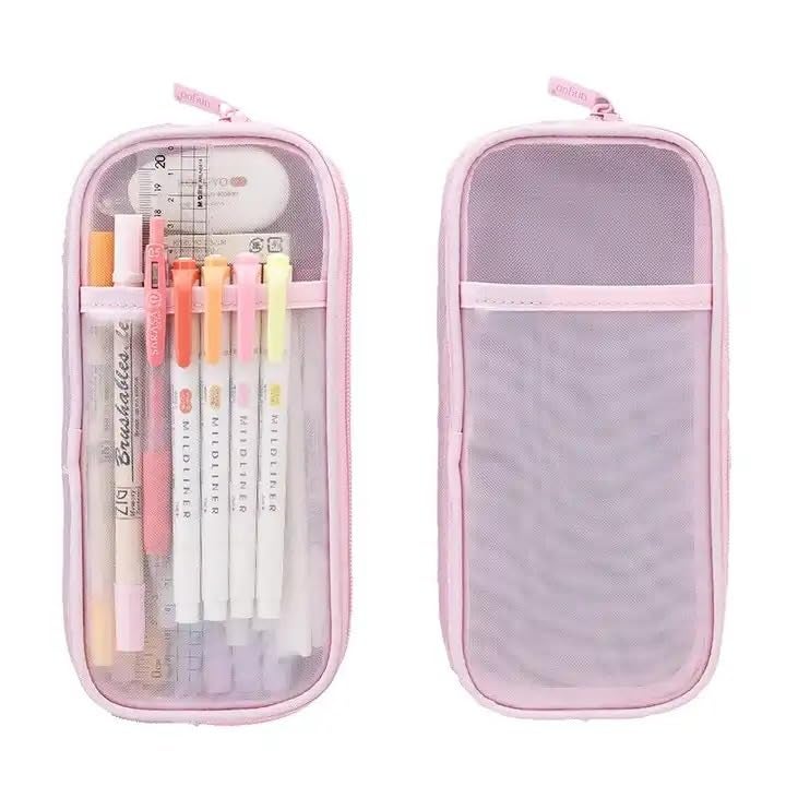 Water-Resistant Mesh Pencil Case with Zipper, Clear Grid Pencil Pouch for School, Office & Travel, 2 Compartments for Pens, Makeup, Art Supplies - Lightweight, Transparent (Pink)