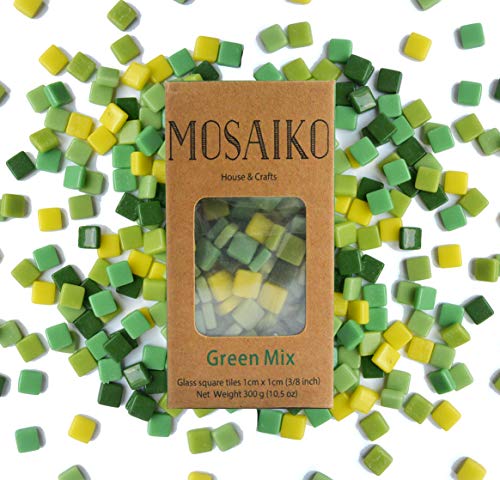 Mosaiko مزيج موسايكو الأخضر 300 جرام (10.5 أونصة) - بلاط زجاجي موسايكي للحرف - قطع مربعة ملونة عالية الجودة 1 سم × 1 سم (3/8 بوصة) - مثالي لتزيين المنزل، الحرف اليدوية، فن البكسل، ألعاب الأطفال، هوايات البالغين - Image 1
