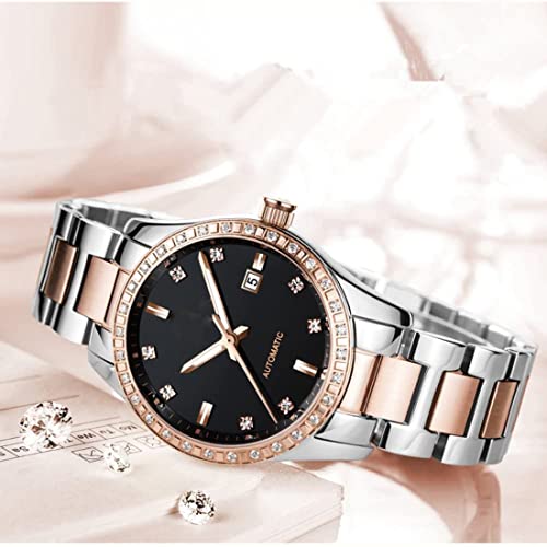 SENRUD Couples Automatic Self-Wind Watches Calendar Date Luxury Stainless Steel Men and Women Pair Watches His and Hers Automatic Watch Gifts Set of 2 (Rose Black) - Image 5