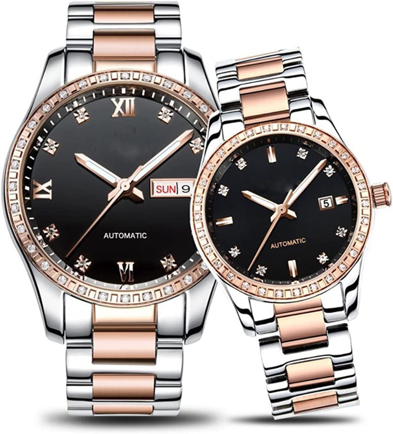 SENRUD Couples Automatic Self-Wind Watches Calendar Date Luxury Stainless Steel Men and Women Pair Watches His and Hers Automatic Watch Gifts Set of 2 (Rose Black) - Image 1