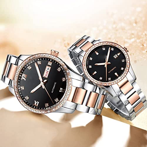 SENRUD Couples Automatic Self-Wind Watches Calendar Date Luxury Stainless Steel Men and Women Pair Watches His and Hers Automatic Watch Gifts Set of 2 (Rose Black) - Image 2