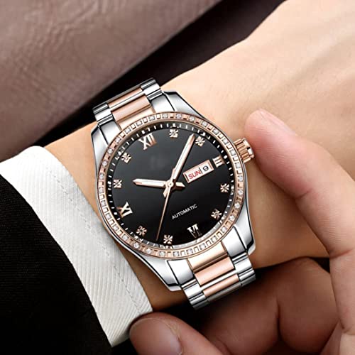 SENRUD Couples Automatic Self-Wind Watches Calendar Date Luxury Stainless Steel Men and Women Pair Watches His and Hers Automatic Watch Gifts Set of 2 (Rose Black) - Image 4