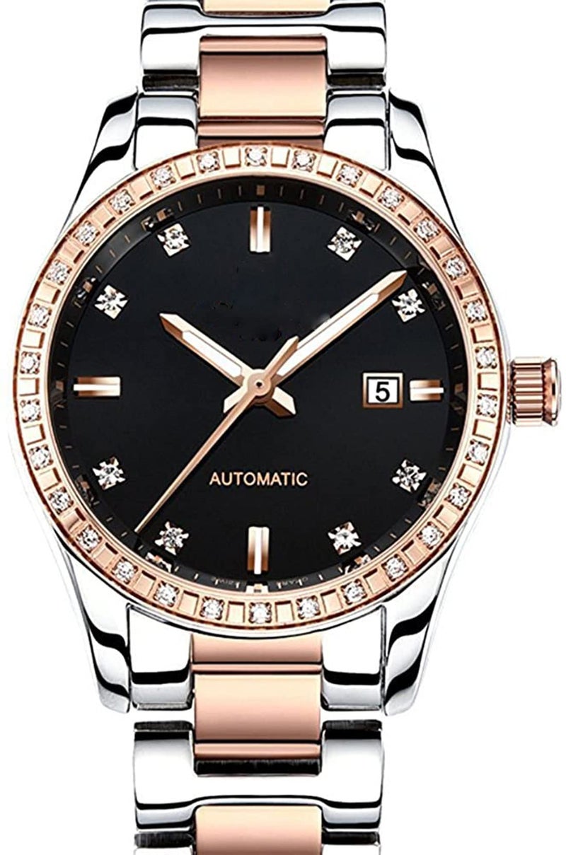 SENRUD Couples Automatic Self-Wind Watches Calendar Date Luxury Stainless Steel Men and Women Pair Watches His and Hers Automatic Watch Gifts Set of 2 (Rose Black) - Image 3