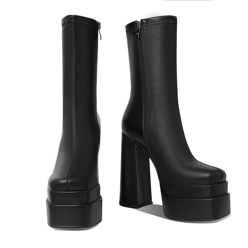 Mattiventon Black Platform Boots for Women Square Toe Chunky Heel Combat Boot Mid Calf Goth Boots - Image 5