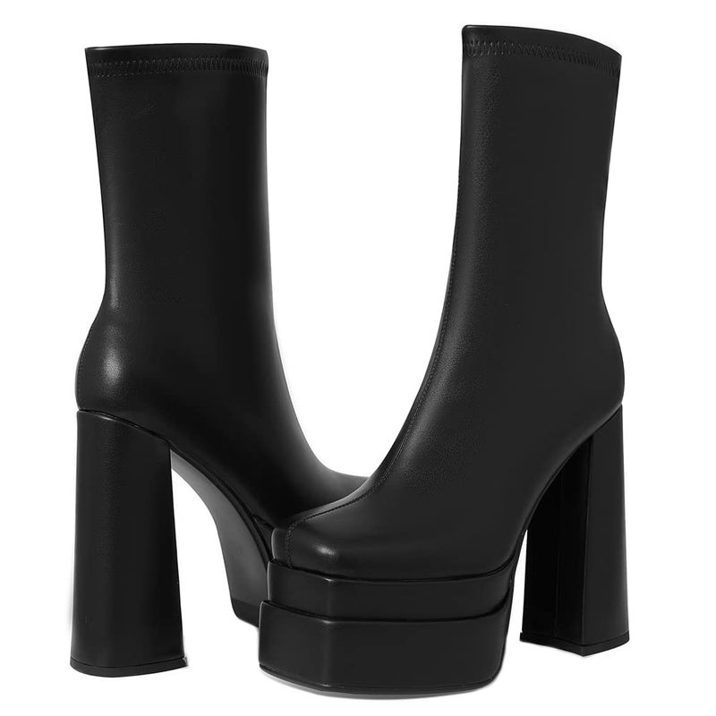 Mattiventon Black Platform Boots for Women Square Toe Chunky Heel Combat Boot Mid Calf Goth Boots - Image 1