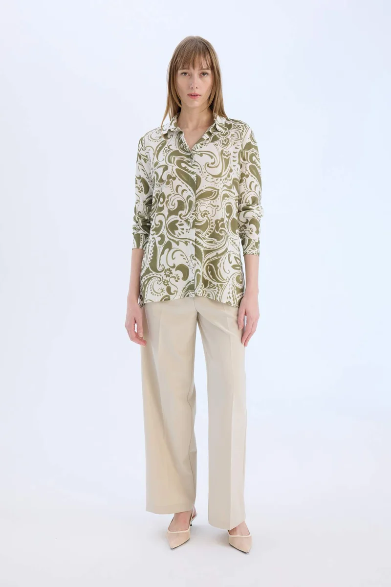 ديفاكتو Oversize Shirt Collar Printed Long Sleeve Tunic