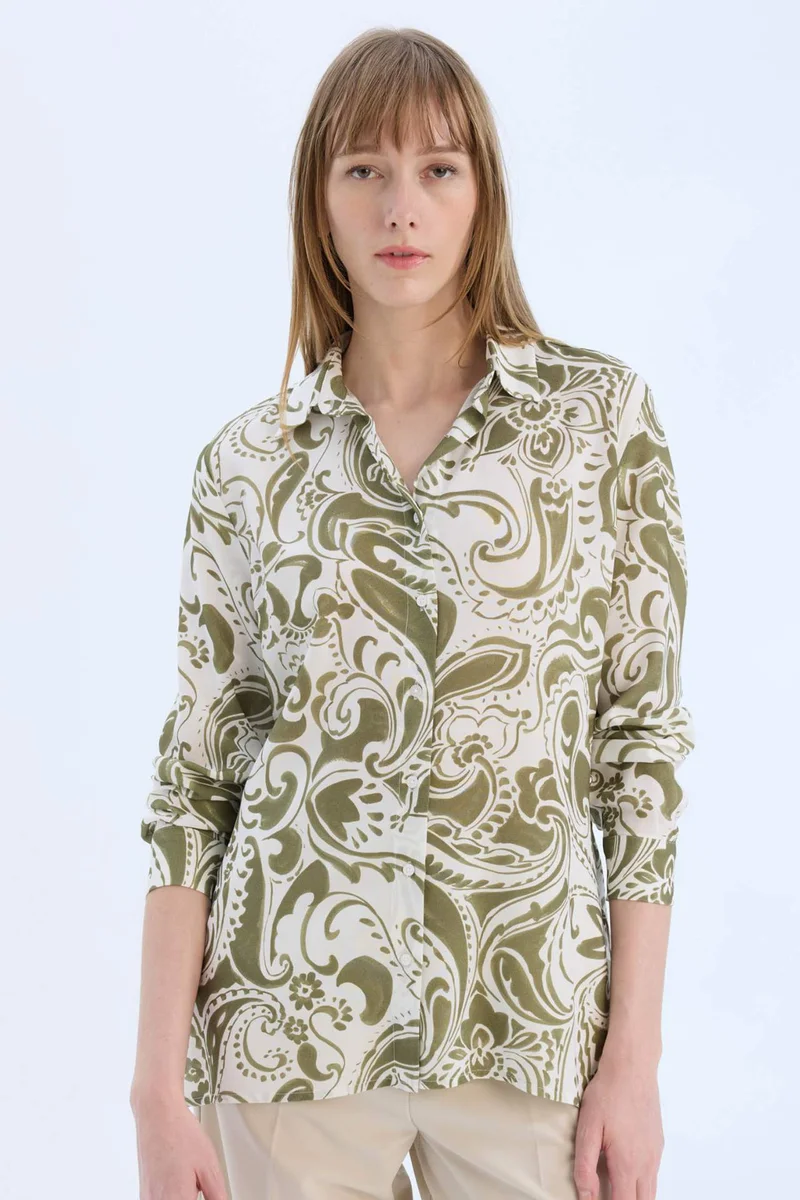 ديفاكتو Oversize Shirt Collar Printed Long Sleeve Tunic