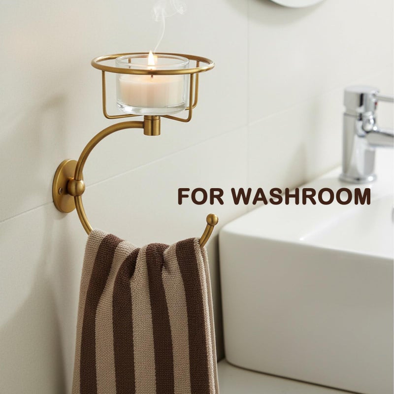 ICCTUO 100% Solid Brass Hand Towel Holder for Bathroom Wall â€“ Towel Ring with Candle Holder â€“ Vintage Wall Candle Sconce Bathroom Decor â€“ Antique Brass Towel Holder - Image 2