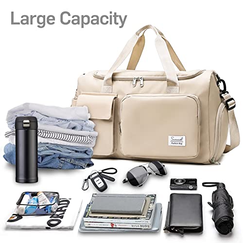 Suruid Sports Gym Bag with Shoes Compartment Travel Duffel Bag with Dry Wet Separated Pocket for Men and Women, Overnight Bag Weekender Bag Training Handbag Yoga Bag - Off White - Image 4