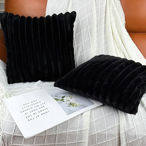 COTEY 18x18 Throw Pillow Covers Set of 2, Decorative Faux Fur Covers for Bed, Couch Soft Fluffy Pillow Cover with Velvet Back for Living Room, Neutral Home Décor Accent for Sofa - Black - Image 3