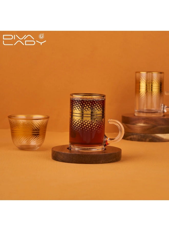 Diva Lady Luxury Set – 6 Tea Glasses + 6 Coffee Cups + 6 Wooden Saucers – Modern Gold Design Inspired by Eastern Elegance - Image 2