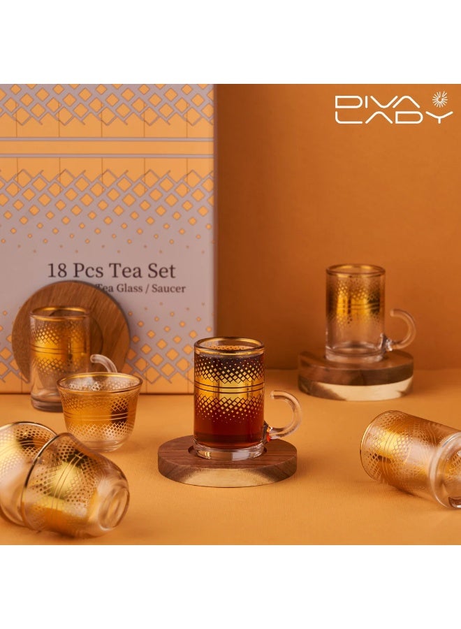 Diva Lady Luxury Set – 6 Tea Glasses + 6 Coffee Cups + 6 Wooden Saucers – Modern Gold Design Inspired by Eastern Elegance - Image 1