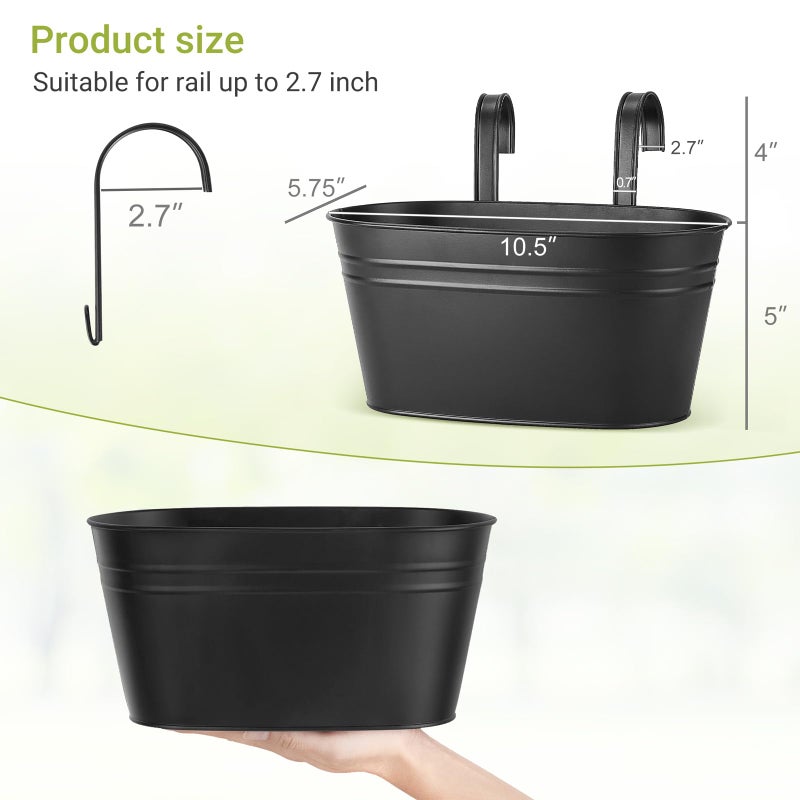 Dahey 10.5 Inch Metal Iron Hanging Flower Pots for Railing Fence Hanging Bucket Pots Countryside Style Outdoor Planter Window Flower Plant Holder with Detachable Hooks Home Decor, Black,4 Pcs - Image 3