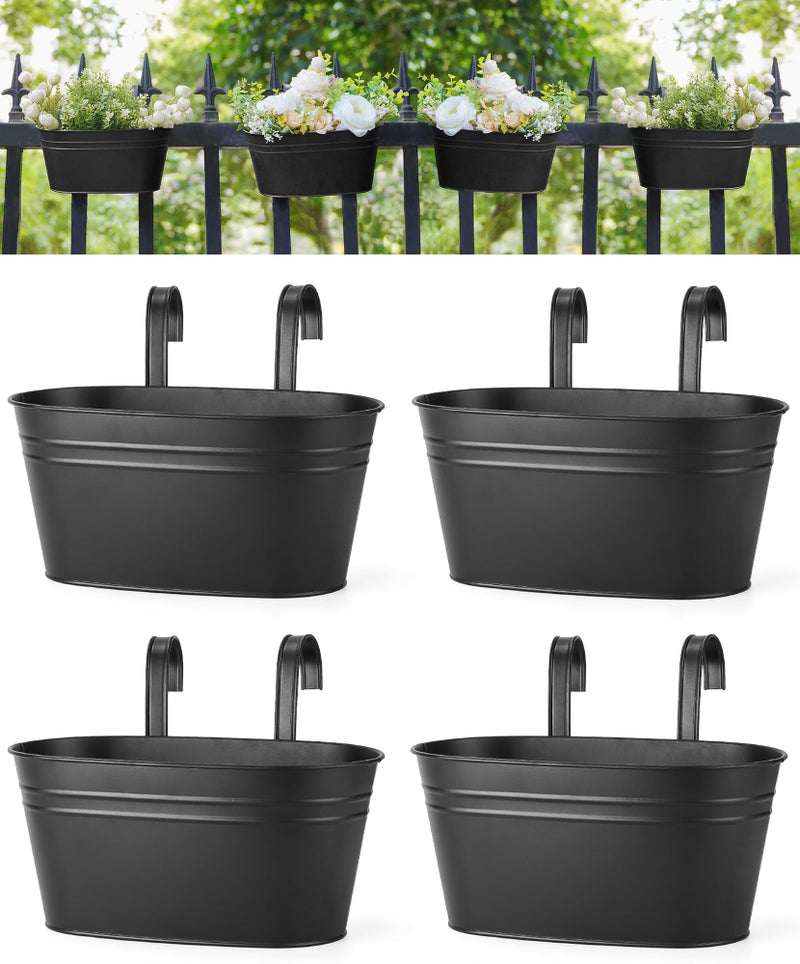 Dahey 10.5 Inch Metal Iron Hanging Flower Pots for Railing Fence Hanging Bucket Pots Countryside Style Outdoor Planter Window Flower Plant Holder with Detachable Hooks Home Decor, Black,4 Pcs - Image 1