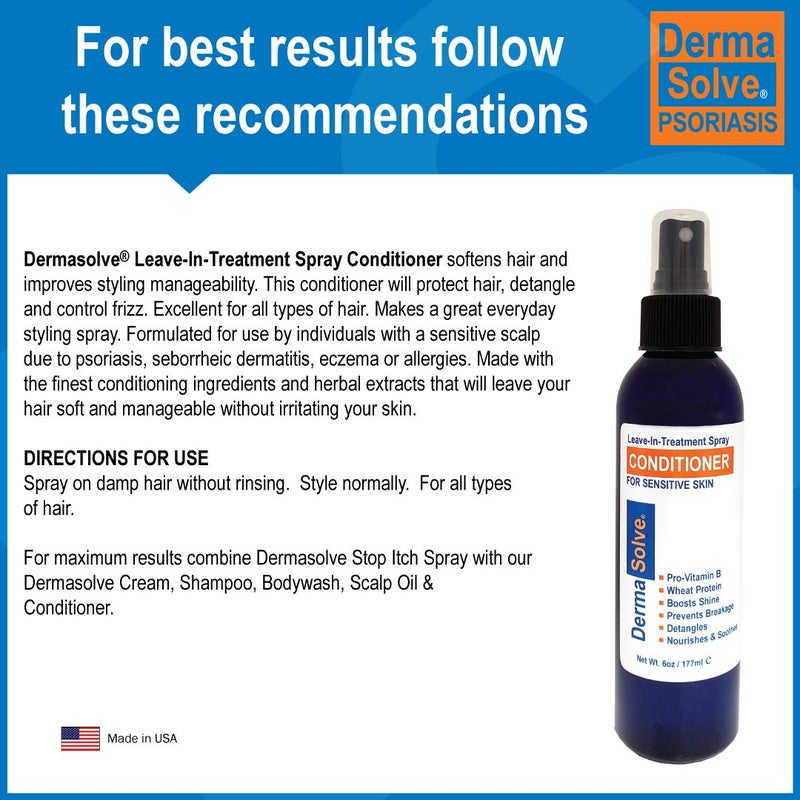 Dermasolve Psoriasis Leave-In-Treatment and Styling Spray Conditioner for Seborrheic Dermatitis, Sensitive Skin, Detangle, De-Flake, Soothing Anti Dandruff, Dry Scalp Repair for Damaged Hair - Image 3