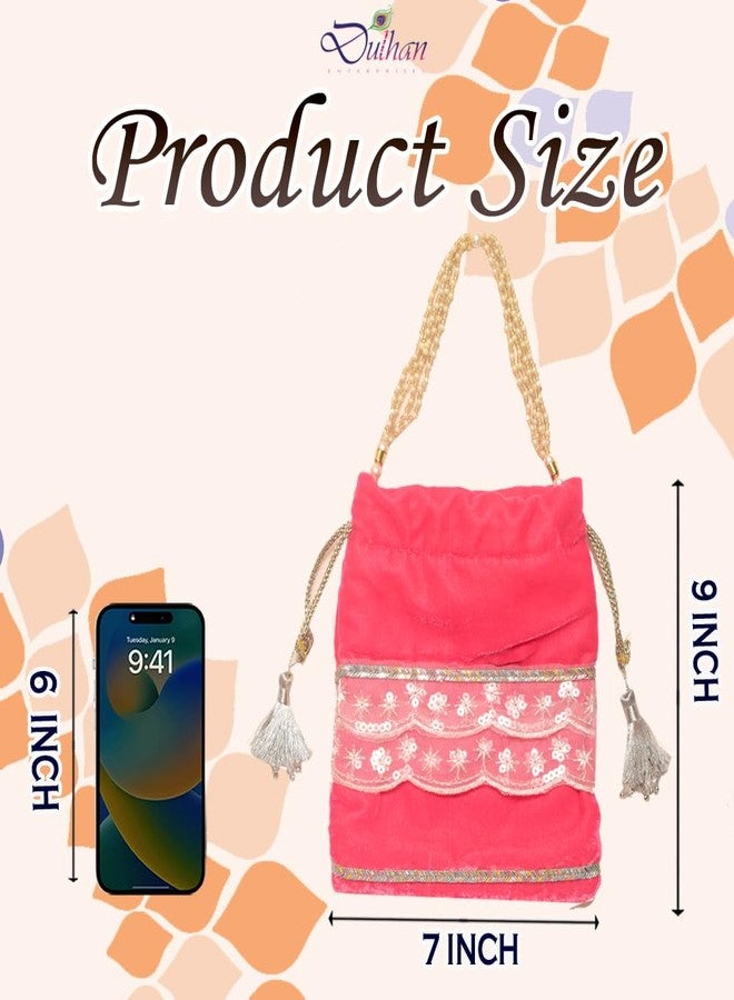 Dulhan Velvet Potli Bag with Pearl Handle |Sequin Tissue Lace Zari Tassels and Resham Dori |Light Pink Soft Padded Wedding Shagun Pouch for Return Gifts, Wedding, Winter and Festive Use (pack of 12) - Image 3