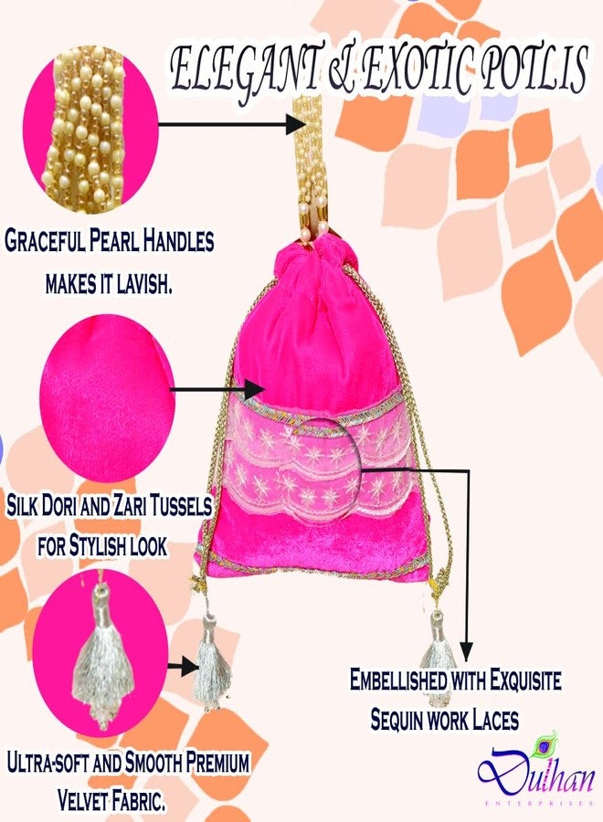 Dulhan Velvet Potli Bag with Pearl Handle |Sequin Tissue Lace Zari Tassels and Resham Dori |Light Pink Soft Padded Wedding Shagun Pouch for Return Gifts, Wedding, Winter and Festive Use (pack of 12) - Image 4