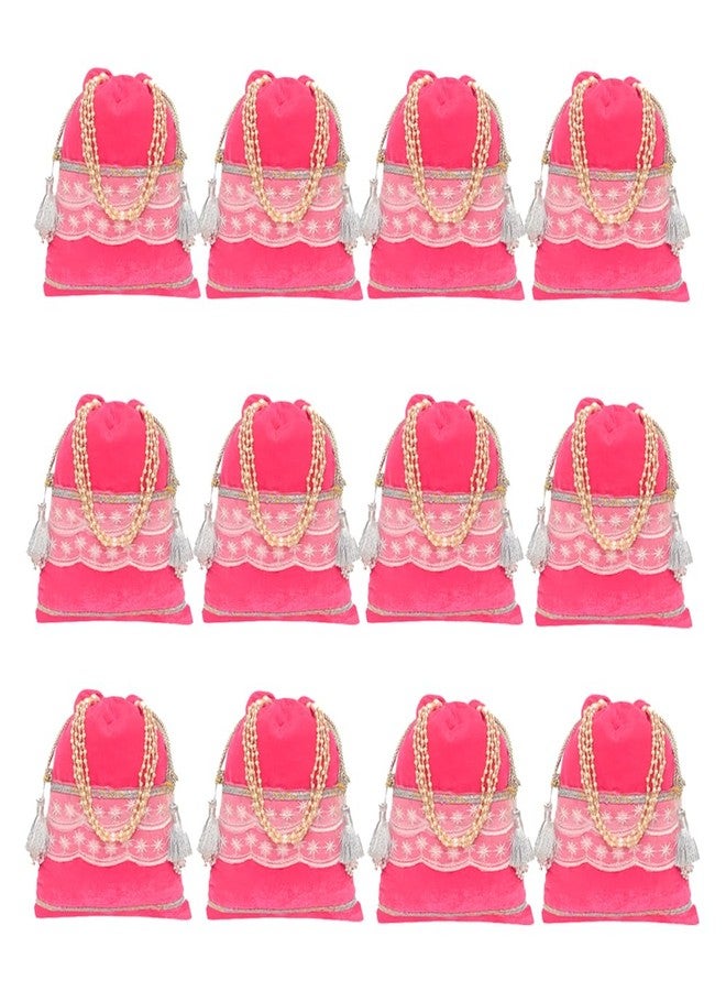 Dulhan Velvet Potli Bag with Pearl Handle |Sequin Tissue Lace Zari Tassels and Resham Dori |Light Pink Soft Padded Wedding Shagun Pouch for Return Gifts, Wedding, Winter and Festive Use (pack of 12) - Image 1
