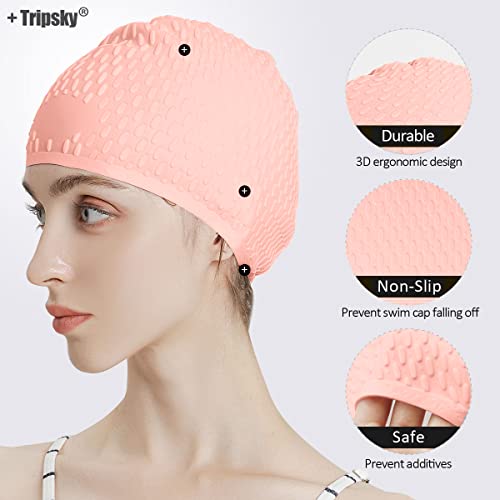 Tripsky Silicone Swim Cap,Comfortable Bathing Cap Ideal for Curly Short Medium Long Hair, Swimming Cap for Women and Men, Shower Caps Keep Hairstyle Unchanged (Peach) - Image 2