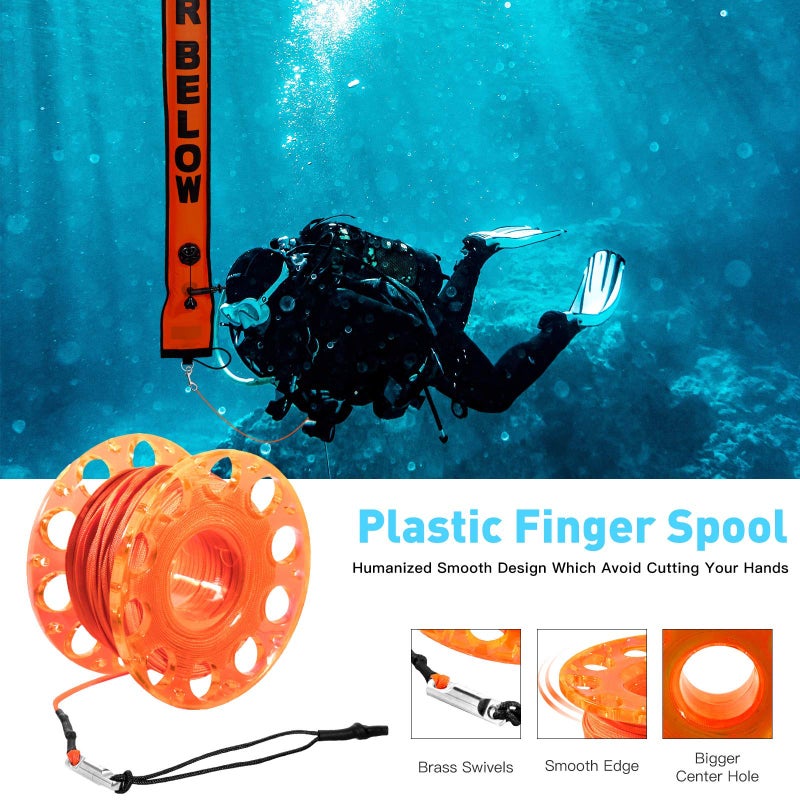 Pluzluce 5ft Orange Scuba Diving Surface Marker Buoy SMB, Safety Sausage with Plastic 98ft Finger Spool Reel and Double Ended Hook Clip + Emergency Whistle for Underwater Diving Snorkeling (Orange) - Image 3