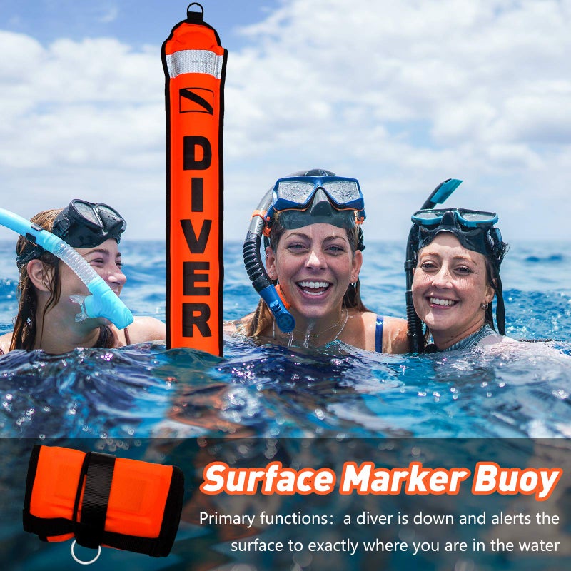 Pluzluce 5ft Orange Scuba Diving Surface Marker Buoy SMB, Safety Sausage with Plastic 98ft Finger Spool Reel and Double Ended Hook Clip + Emergency Whistle for Underwater Diving Snorkeling (Orange) - Image 2