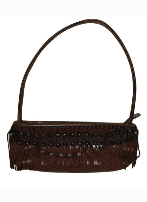 Women rectangle leather brown bag fringed with beads