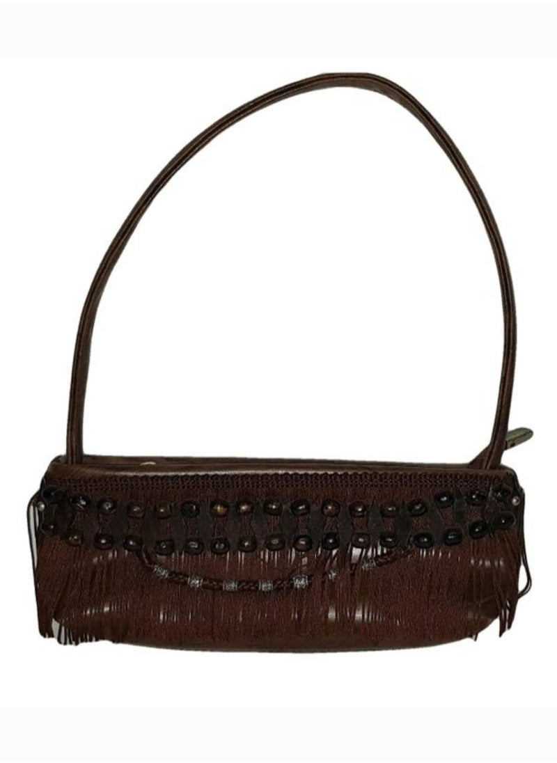 Generic - Women rectangle leather brown bag fringed with beads - Image 1