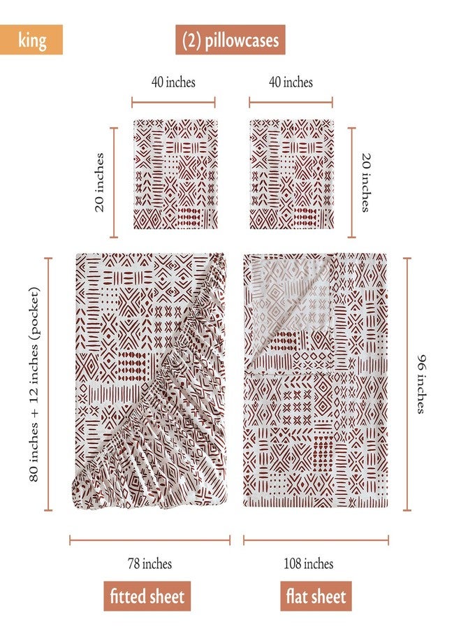 Indigo Ink طقم ملاءات إنديجو إنك - مقاس كينج، 4 قطع، بنمط هندسي بوهيمي، ناعم ومقاوم للتجاعيد (مجموعة وايت دينم، سبايس) - Image 3