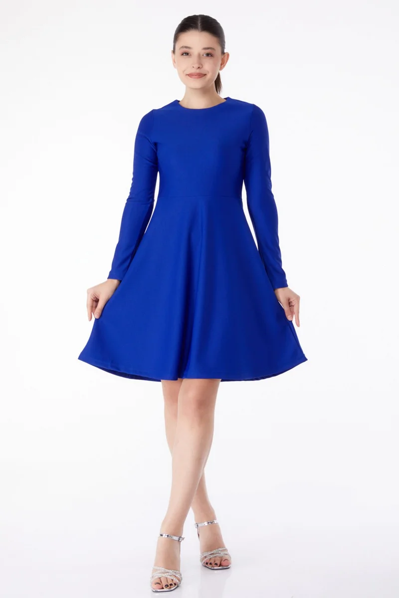 Tofisa Plain Crew Neck Women's Blue Mini Evening Dress - 13191