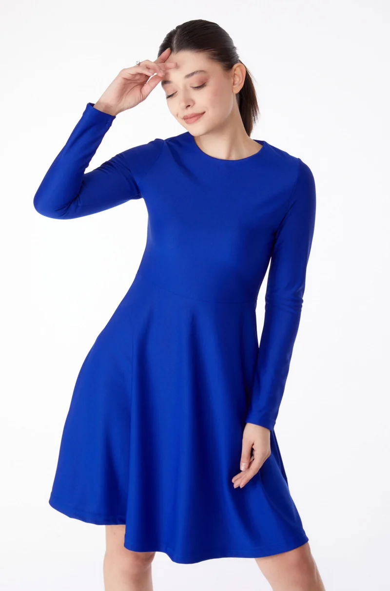 Tofisa Plain Crew Neck Women's Blue Mini Evening Dress - 13191