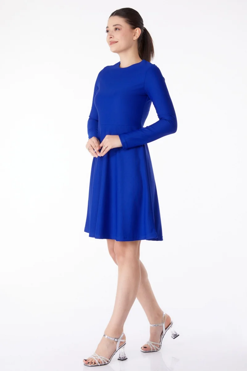 Tofisa Plain Crew Neck Women's Blue Mini Evening Dress - 13191
