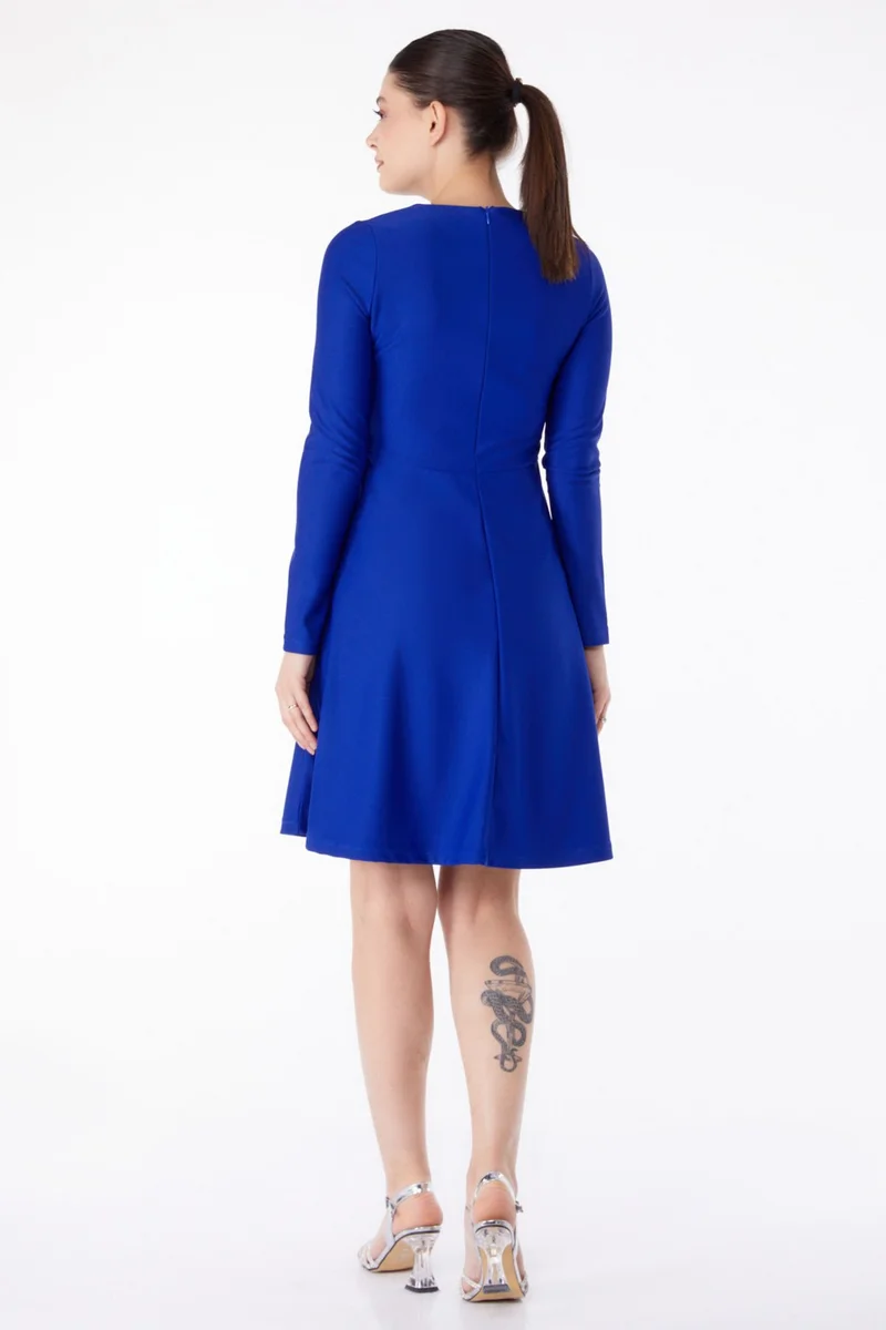 Tofisa Plain Crew Neck Women's Blue Mini Evening Dress - 13191
