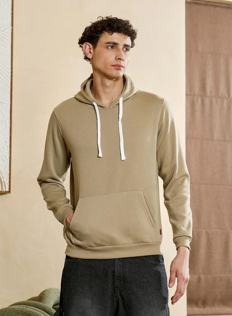 Campus Sutra Men's Regular Pullover Hoodie | Hooded Neck , Long Ribbed Cuff Sleeves , Pull On Closure , Ribbed-Straight Hem | Solid Knitted Plain For Casual & Daily | Light Olive