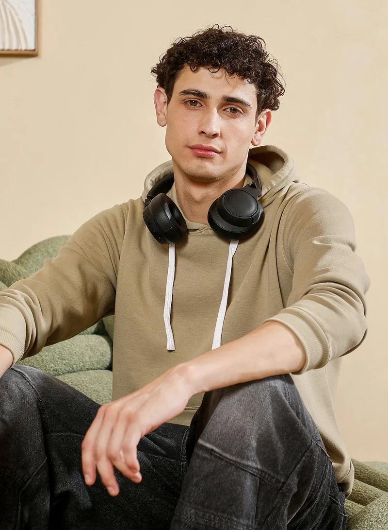 Campus Sutra Men's Regular Pullover Hoodie | Hooded Neck , Long Ribbed Cuff Sleeves , Pull On Closure , Ribbed-Straight Hem | Solid Knitted Plain For Casual & Daily | Light Olive