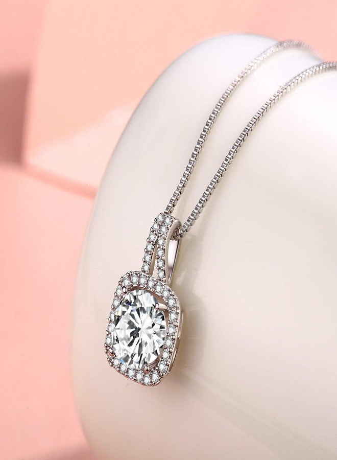 SBLING Platinum Plated Cubic Zirconia Cushion Shape Halo Pendant Necklace - Image 3
