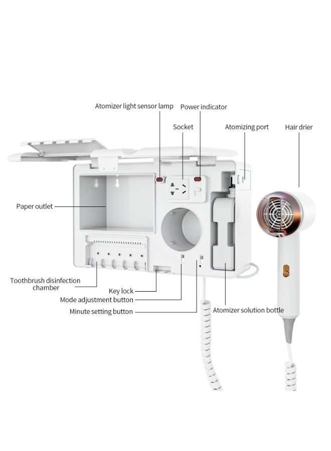 Premium 5‑in‑1 Smart Bathroom Hub – Wall‑Mounted Organizer with Tissue Dispenser, Aromatherapy Diffuser, Negative Ion Hair Dryer & UV Toothbrush Sterilizer. (White) - Image 3