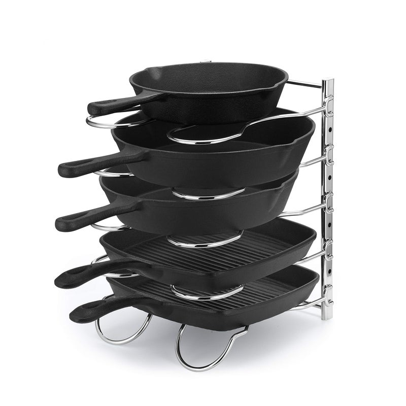 CAXXA Heavy Duty Pan Rack Pot Lid Rack Kitchen Cabinet Pantry Cookware Organizer Rack Holder with 5 Adjustable Dividers Chrome