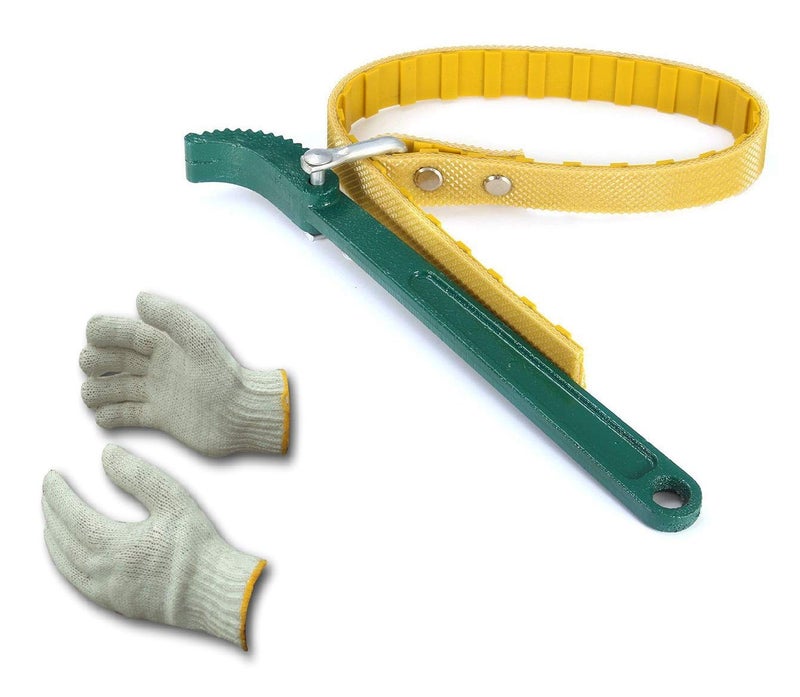 Inditrust Box End Belt Type Oil Filter Wrench Auto Tool Engine Box Spanner Oil Fuel Filter Wrench Tool Spanner Key Tool (Yellow, 225 Single Sided Adjustable Wrench) (9 inch) with GLOVES - Image 1