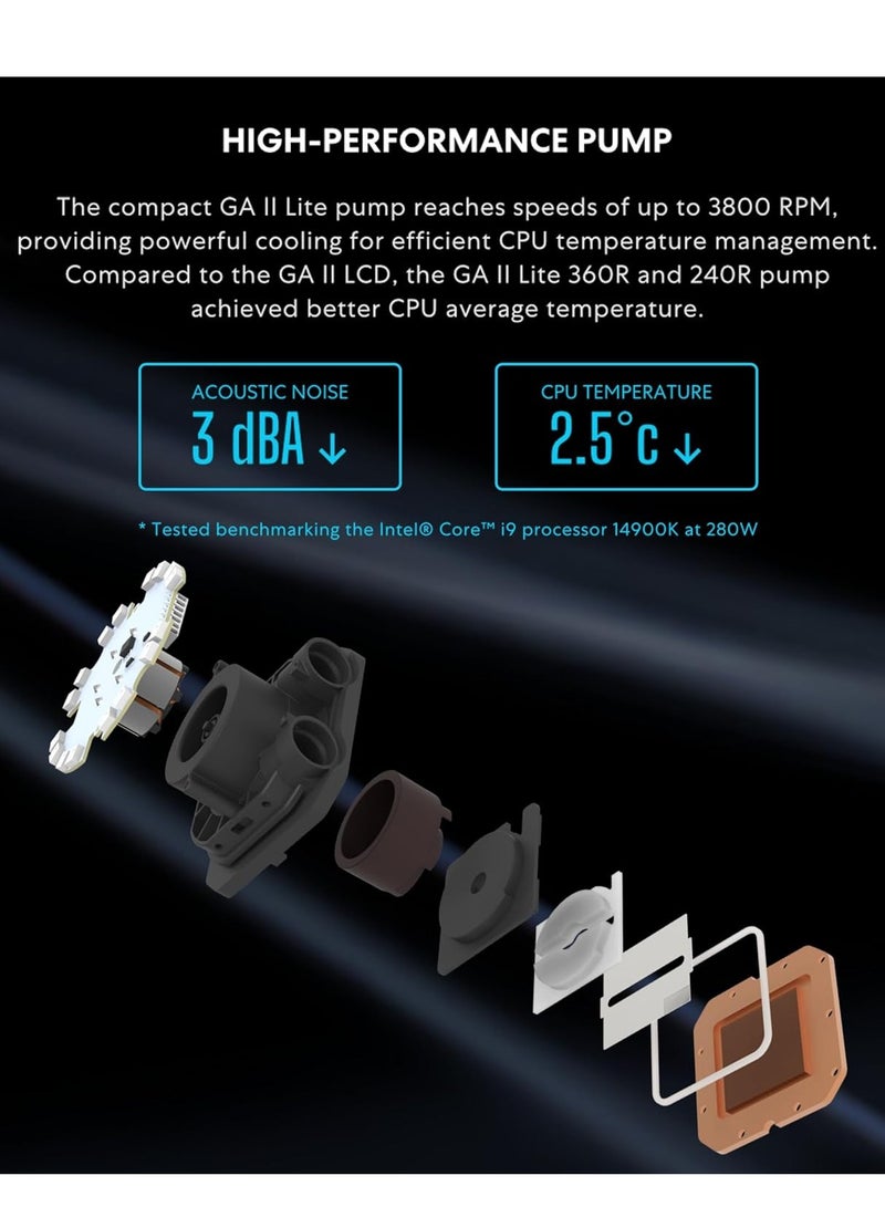 ليان لي مراوح جالاهاد II لايت 240 ملم PBT - اداء عالي، تصميم محمل اف دي بي، مضخة قابلة للتخصيص وغطاء قابل للتبديل - مروحة بي بي تي 28 ملم، تدعم شرائط اضاءة جانبية ARGB لـ LGA 1700/AM5/AM4 (GA2L24PB) - Image 4