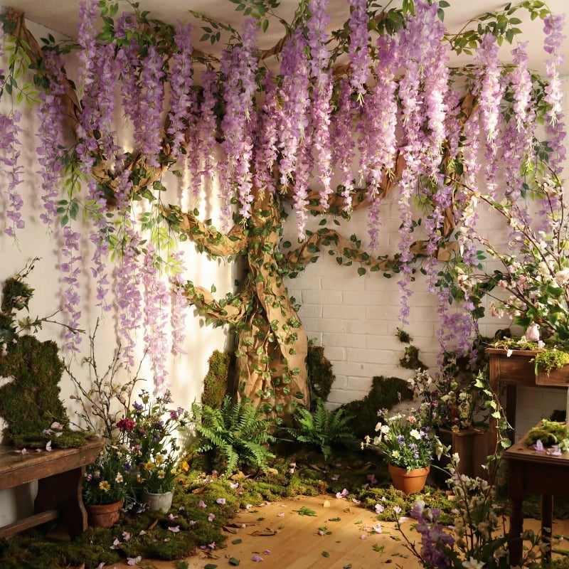 XunYee 3D Wisteria Tree for Classroom Room Wall Decor Bulletin Board Decorations DIY Cardboard Paper Tree Artificial Hanging Flower Garland with Fake Green Vine Kraft Paper Tape(Purple) - Image 2
