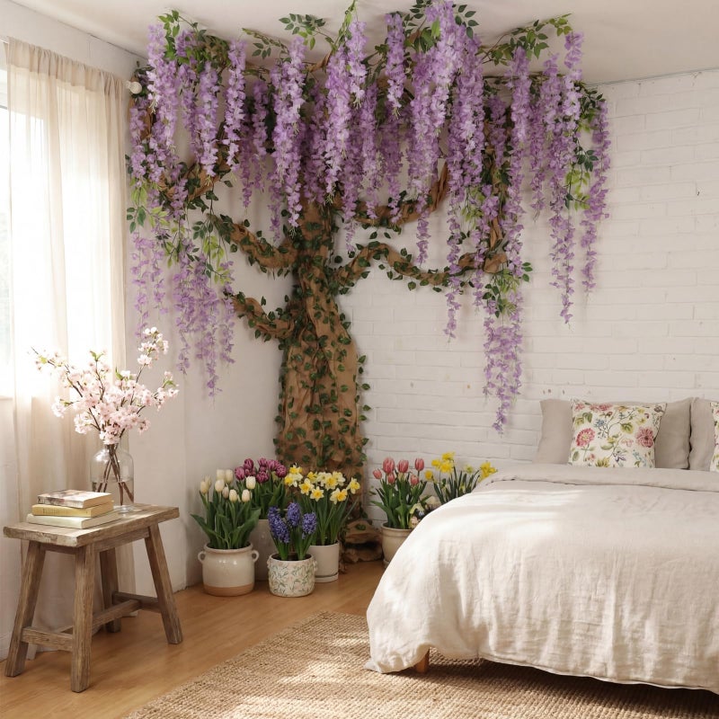 XunYee 3D Wisteria Tree for Classroom Room Wall Decor Bulletin Board Decorations DIY Cardboard Paper Tree Artificial Hanging Flower Garland with Fake Green Vine Kraft Paper Tape(Purple) - Image 4