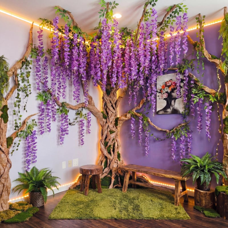 XunYee 3D Wisteria Tree for Classroom Room Wall Decor Bulletin Board Decorations DIY Cardboard Paper Tree Artificial Hanging Flower Garland with Fake Green Vine Kraft Paper Tape(Purple) - Image 1