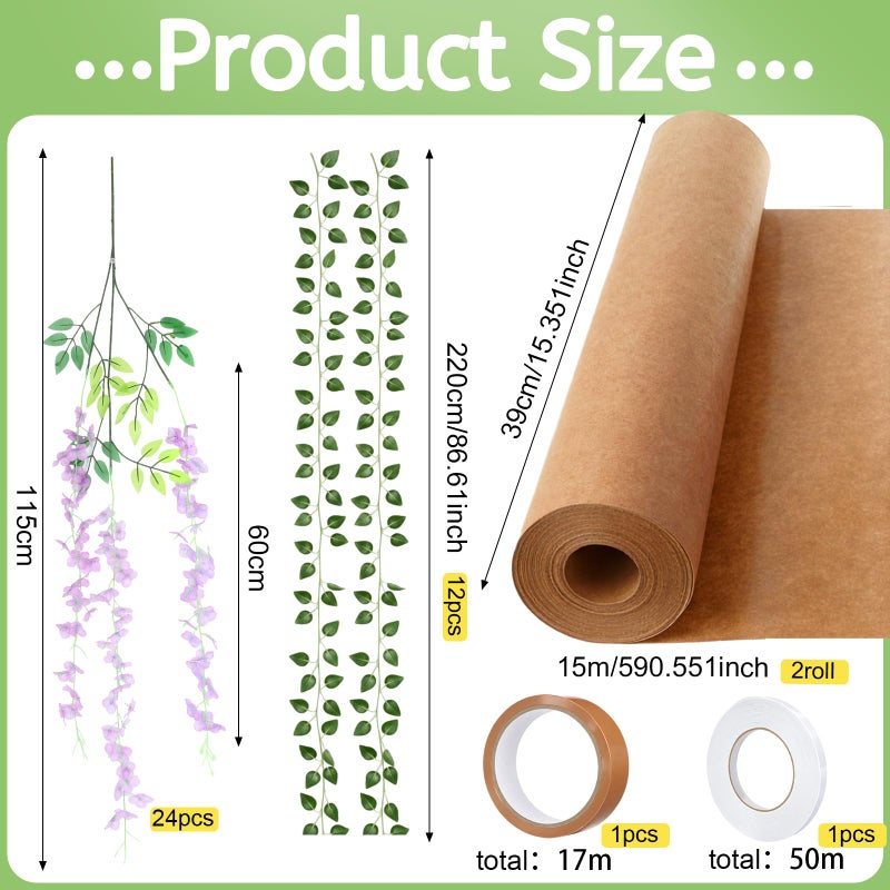 XunYee 3D Wisteria Tree for Classroom Room Wall Decor Bulletin Board Decorations DIY Cardboard Paper Tree Artificial Hanging Flower Garland with Fake Green Vine Kraft Paper Tape(Purple) - Image 5