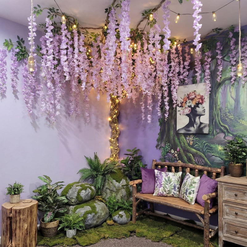 XunYee 3D Wisteria Tree for Classroom Room Wall Decor Bulletin Board Decorations DIY Cardboard Paper Tree Artificial Hanging Flower Garland with Fake Green Vine Kraft Paper Tape(Purple) - Image 3