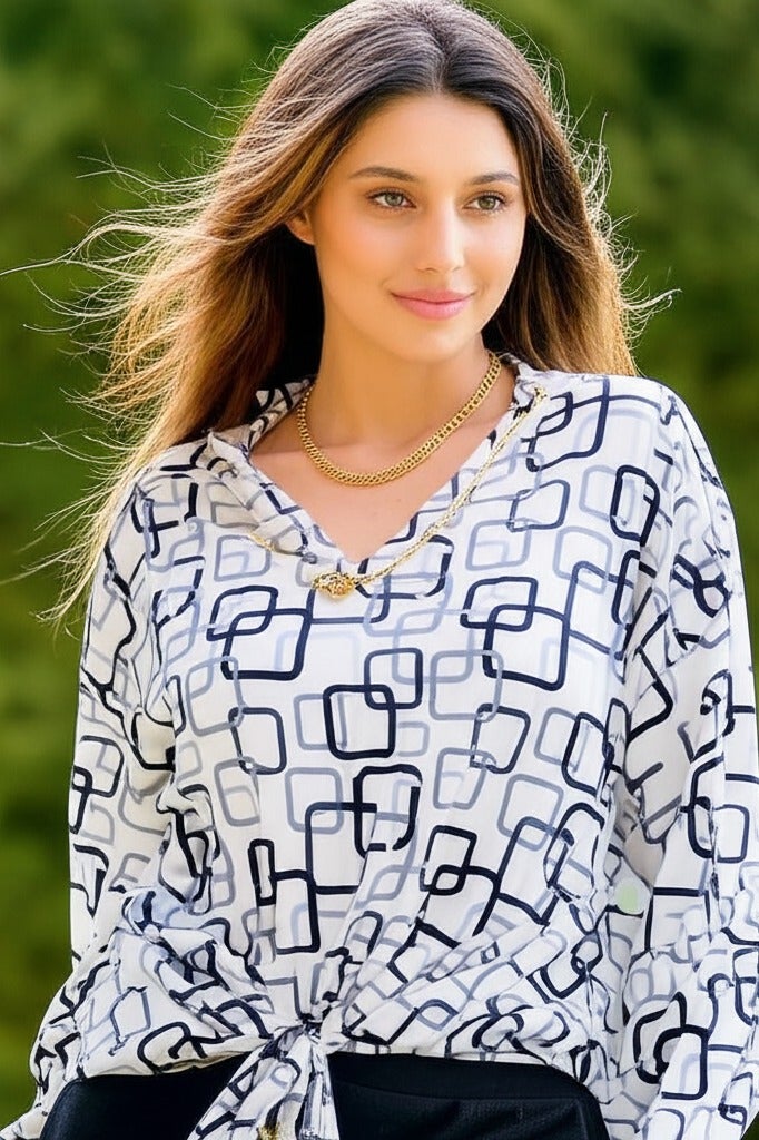 بلوزة أنيقة بأكمام طويلة مع رباط أمامي عند الخصر مما يكسبها لمسة مميزة وأنيقة. تلبيس حتى 75 كيلو - Image 2