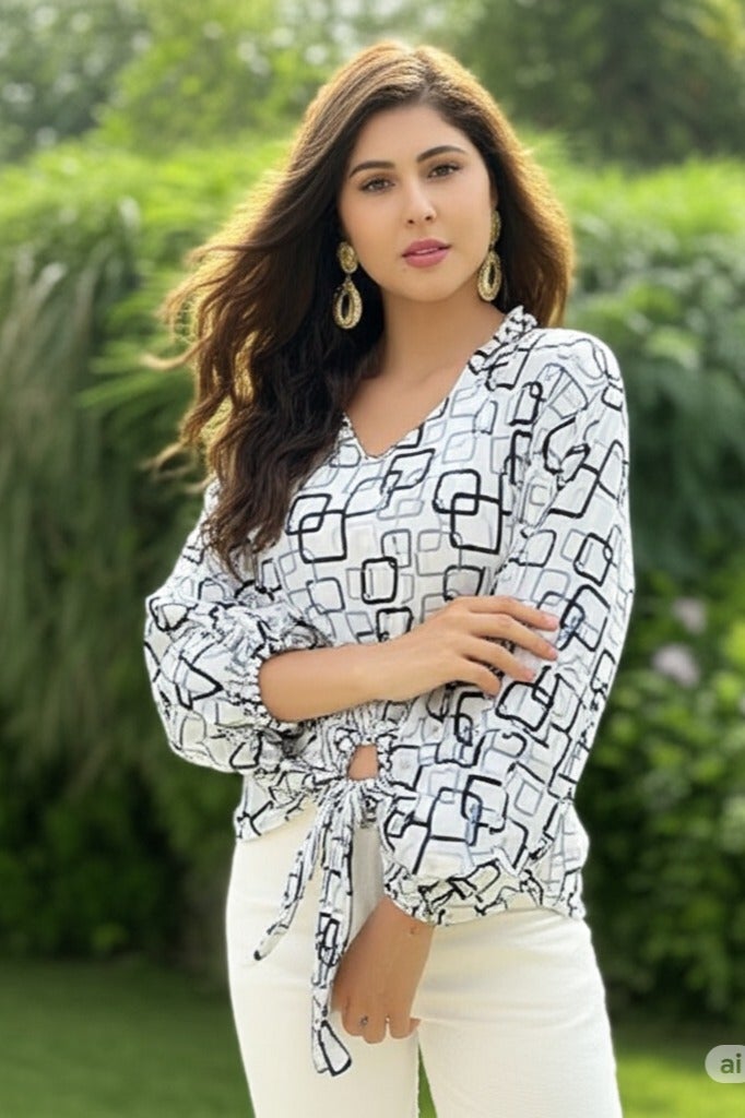 بلوزة أنيقة بأكمام طويلة مع رباط أمامي عند الخصر مما يكسبها لمسة مميزة وأنيقة. تلبيس حتى 75 كيلو - Image 4