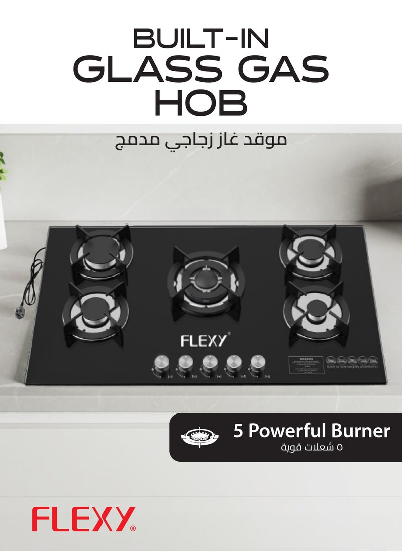 Flexy Built-in Glass Gas Hob – 5 Powerful Burners, 8mm Glass, Stainless Steel Tray, Low Gas Consumption, Auto Ignition, Enamel Pan Support, Cast Iron Burners, BS Plug, 2-Year Warranty.  - Image 2