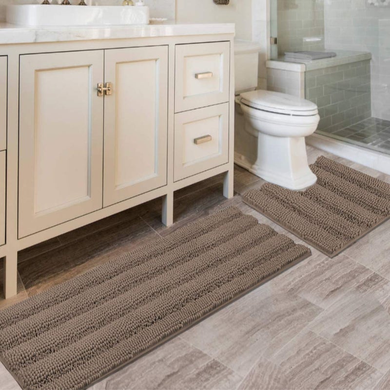 HVERSAILTEX Bathroom Rugs Bath Rug Set 2 Piece Bathroom Contour Rug Toilet Mat Sets Non Slip Contour Bath Rug Ultra Thick Water Absorbent Striped Bath Mats47 x 17 Plus 20 x 20 U Taupe Brown