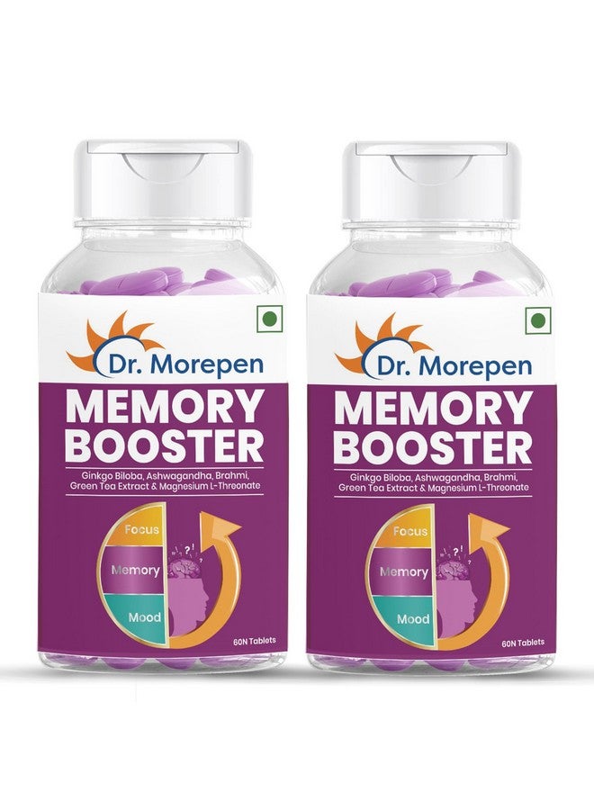 Dr. Morepen أقراص ذاكرة وتركيز ومزاج من دكتور موريبين مع جابا، أشواغاندا وبابونج لصحة الدماغ - عبوة 60 قرص نباتي، حزمة من 2 - Image 1
